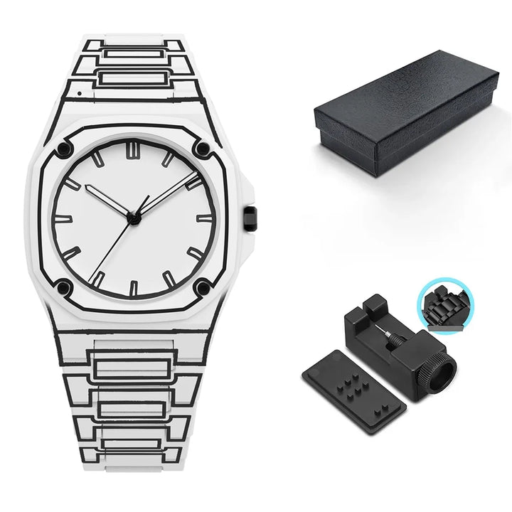Outline Arc Watch with distinctive 3D design, silicone strap, and watch tool accessory, presented in a sleek black box.