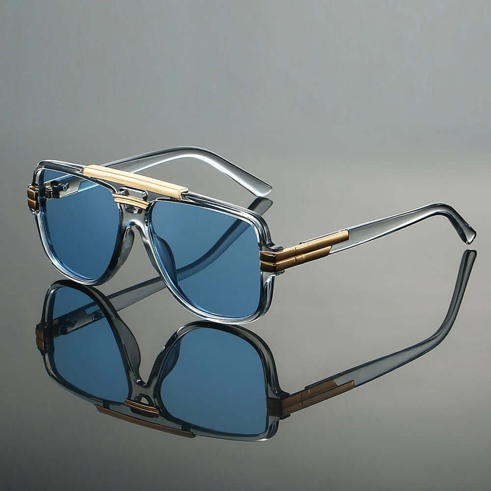 Stellar double bridge sunglasses with blue lenses and gold accents, perfect for stylish sun protection.
