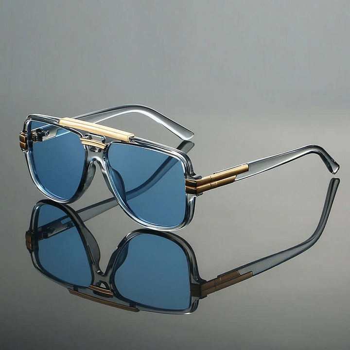 Stellar double bridge sunglasses with blue lenses and gold accents, perfect for stylish sun protection.