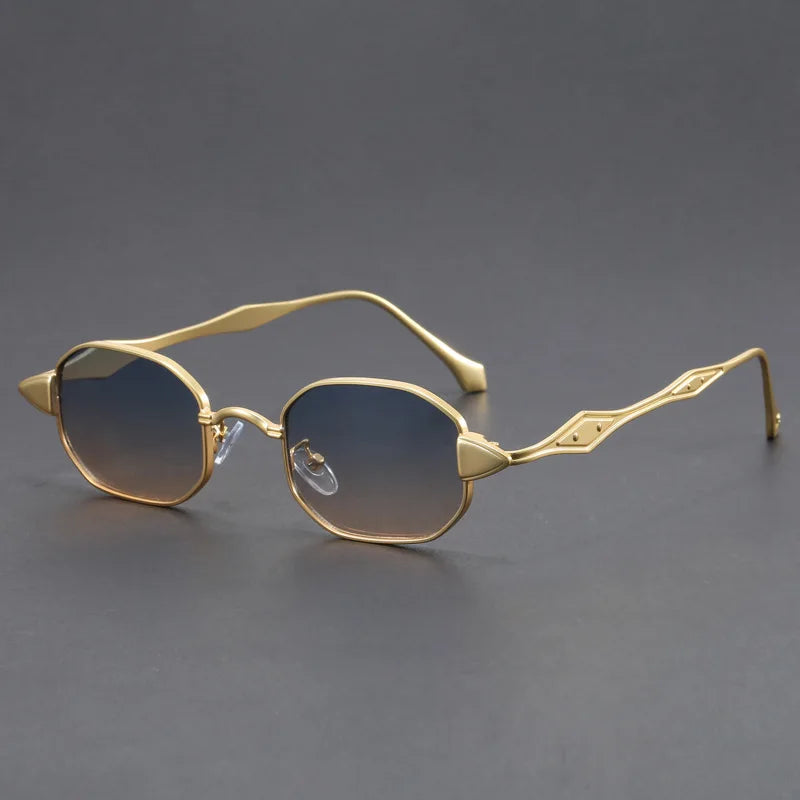Atlas Alloy Sunglasses with geometric design and sculpted metal arms in gold, featuring scratch-resistant lenses and UV400 protection.