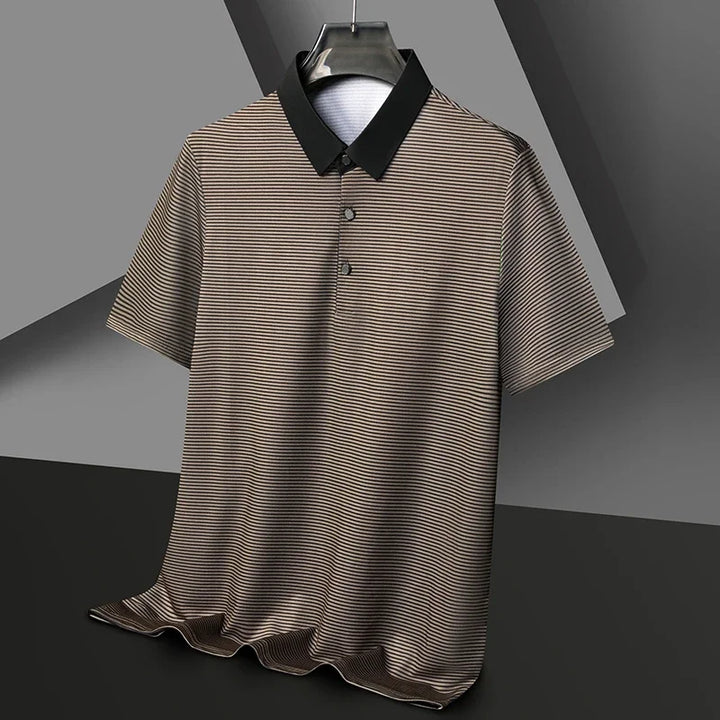 Eden Striped Polo featuring a sharp micro-stripe texture and bold contrast collar in smooth stretch-knit fabric.