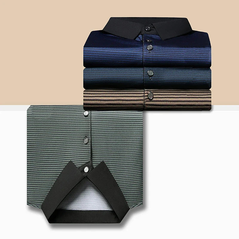 Eden Striped Polo shirts stacked, featuring modern designs and bold contrast collars in navy, gray, and striped patterns.