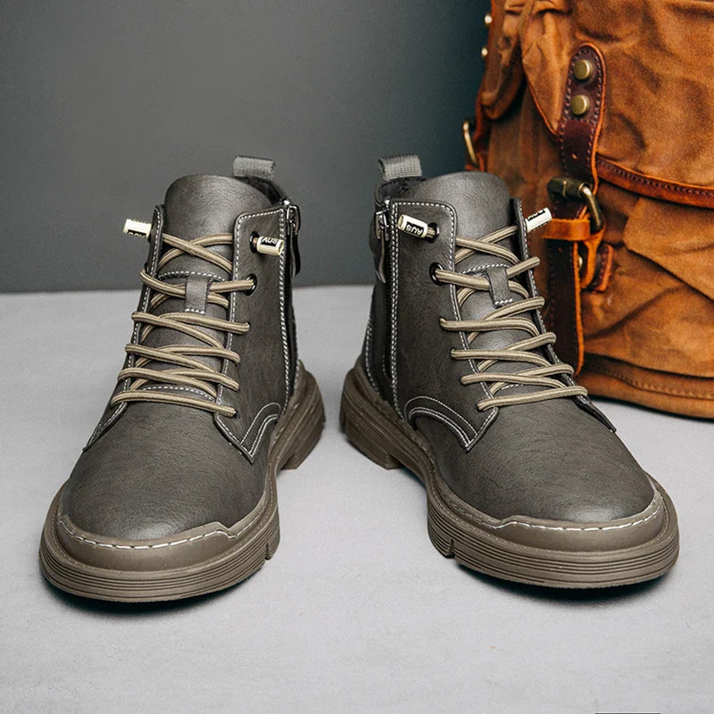 Wayfarer genuine leather hi-tops with sturdy laces and rugged design, ideal for various terrains.