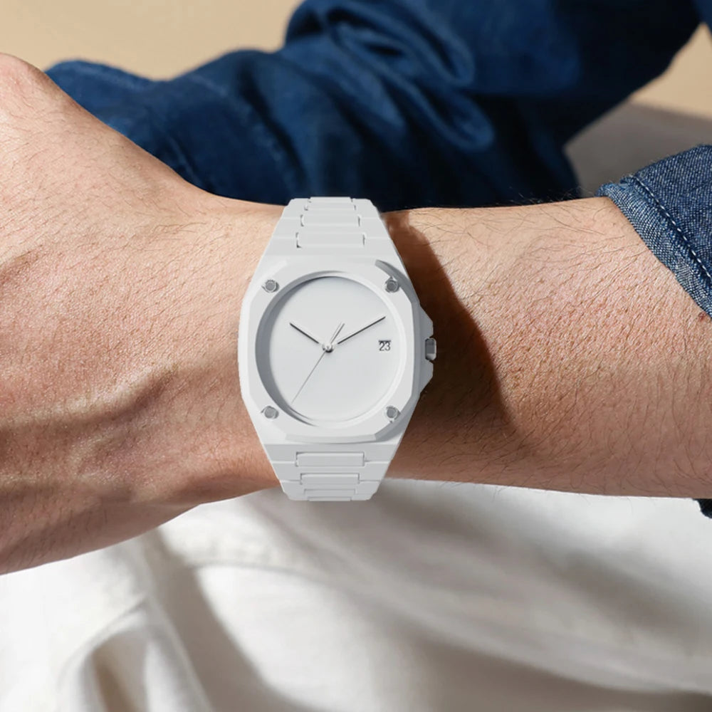 Nova Stealth Watch on wrist, showcasing minimalist design, 3D effect dial, and lightweight build.