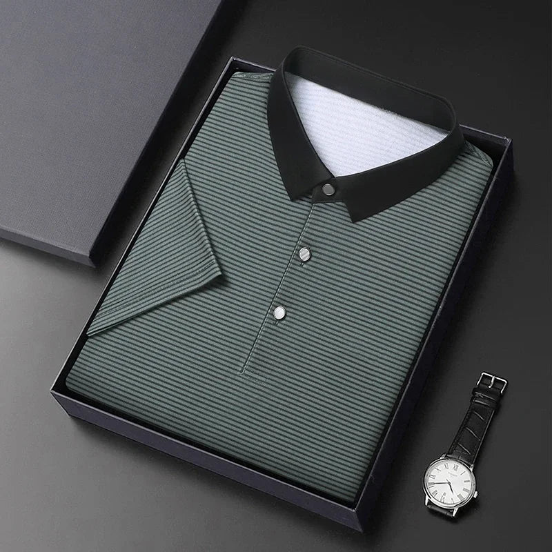 Eden Striped Polo in a sleek box with a black collar, showcasing modern design and micro-stripe texture.