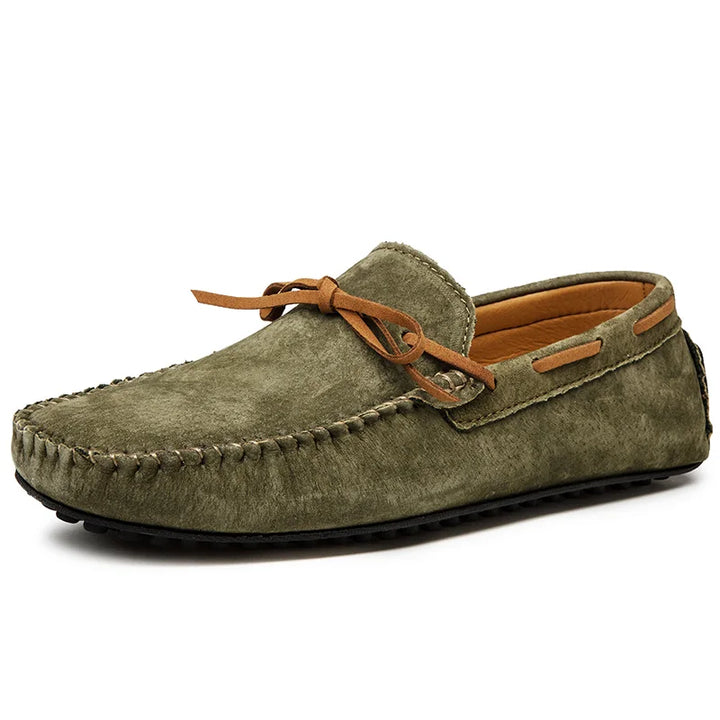 Monte Carlo genuine suede loafers with hand-stitched details and premium leather laces, styled in olive green.
