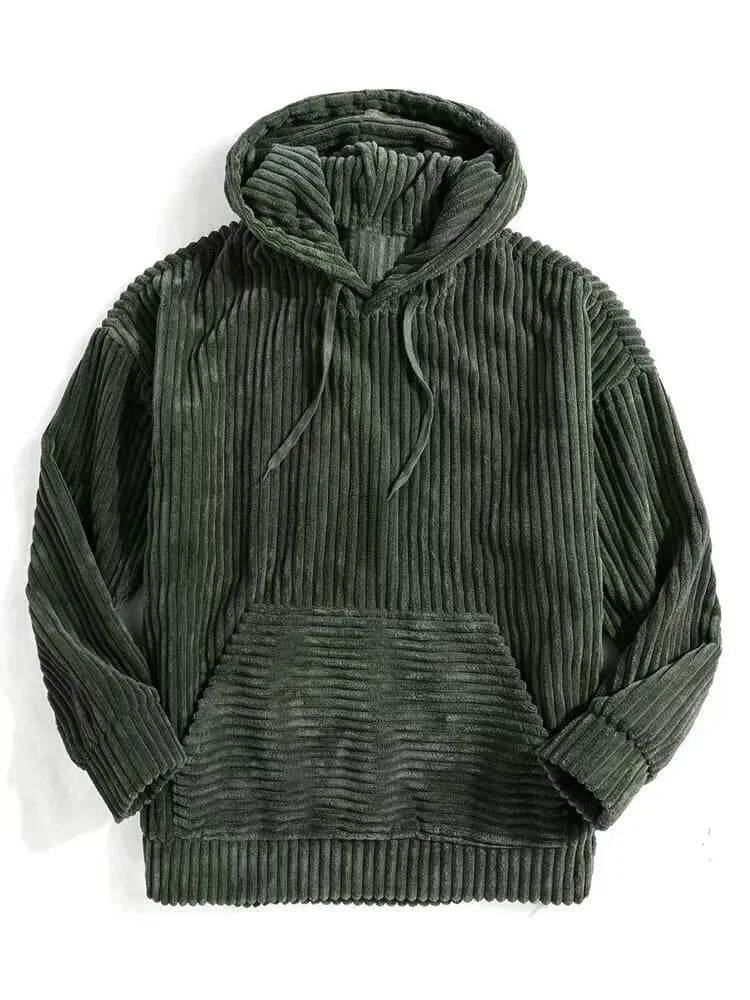 Summit Corduroy Hoodie in rich green with ribbed texture and spacious front pocket for ultimate comfort.
