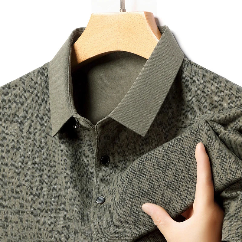 Auren Men's Jacquard Polo Shirt showcasing textured fabric and structured ribbed collar, perfect for comfort and style.