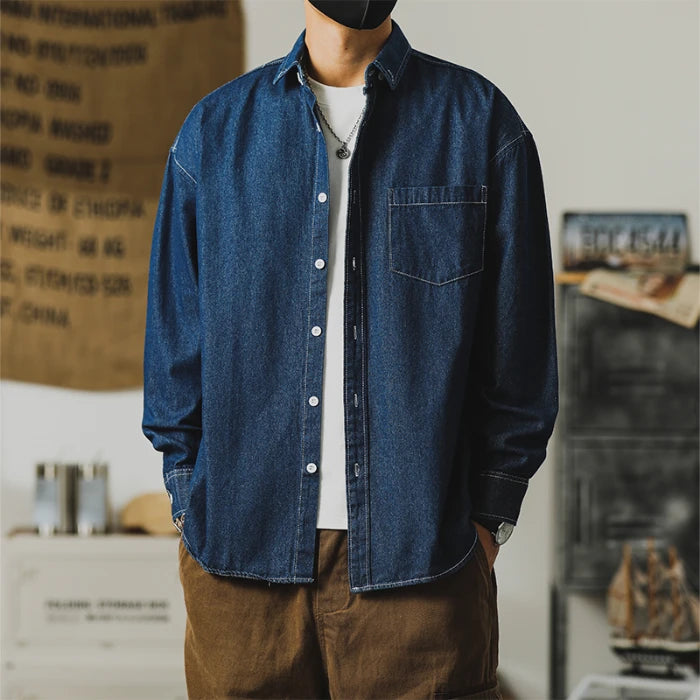 Frontier Denim Jacket worn by model, featuring a minimal design and durable fabric perfect for everyday wear.