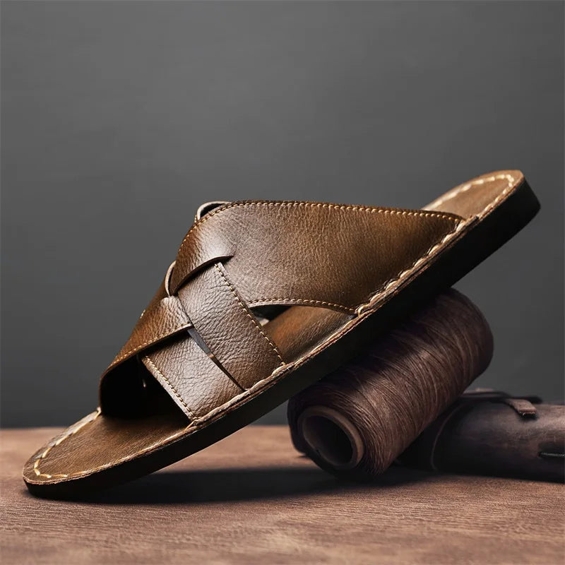 Kairo Genuine Leather Crossover Sandals featuring durable wide straps and a contoured footbed for support.