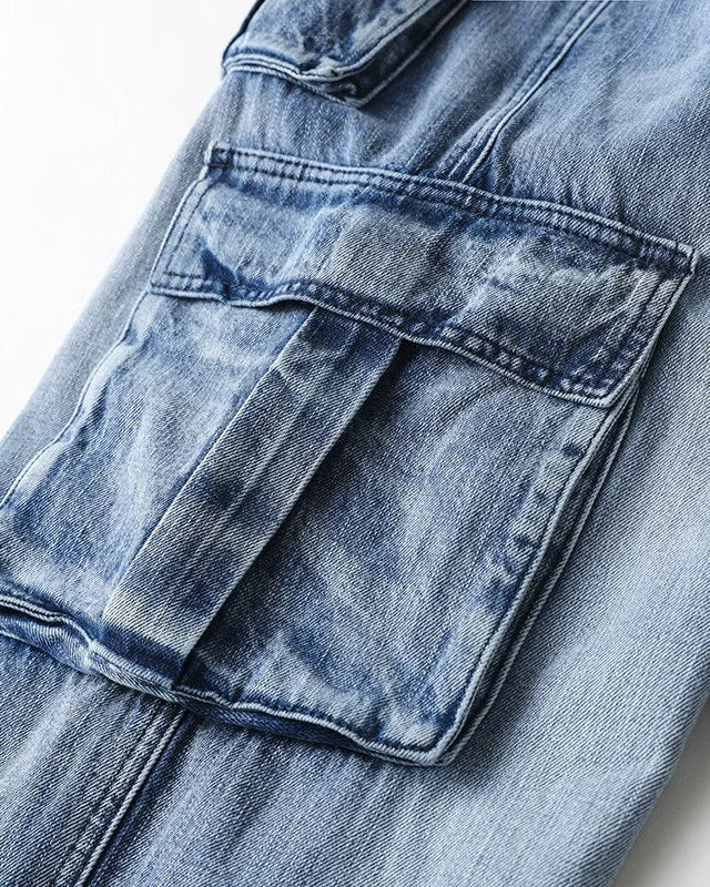 Close-up of Ryder Washed Cargo Jeans showing oversized pocket and durable, soft heavyweight denim.