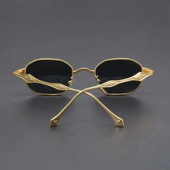 Atlas Alloy Sunglasses with a striking geometric design, featuring golden metal arms and black scratch-resistant lenses.