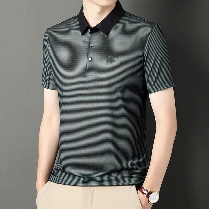 Eden Striped Polo featuring a bold contrast collar and smooth micro-stripe texture for a modern athletic fit.