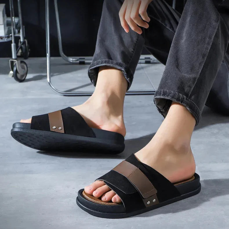 Mojave Men's Suede Slides featuring soft suede, leather accents, and thick cushioning sole for comfort and support.