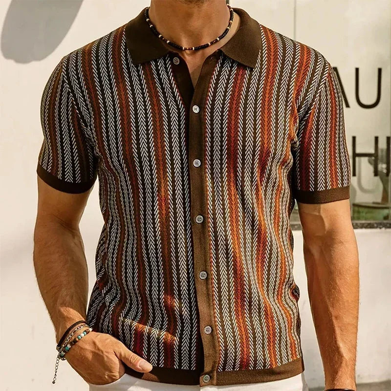Beaumont Men's Button-Up Shirt, vintage herringbone stripes, breathable organic cotton for comfort.