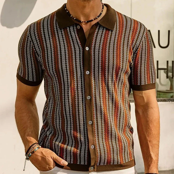 Beaumont Men's Button-Up Shirt, vintage herringbone stripes, breathable organic cotton for comfort.