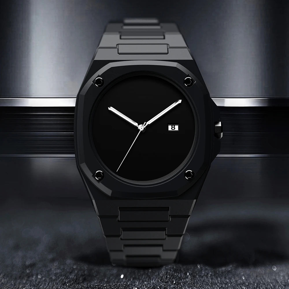 Sleek Nova Stealth Watch with minimalist design, 3D effect dial, and adjustable black ceramic-inspired strap.
