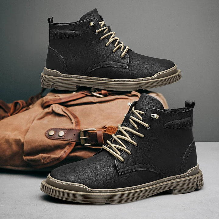 Wayfarer genuine leather hi-tops with reinforced stitching and rugged sole, ideal for any terrain.