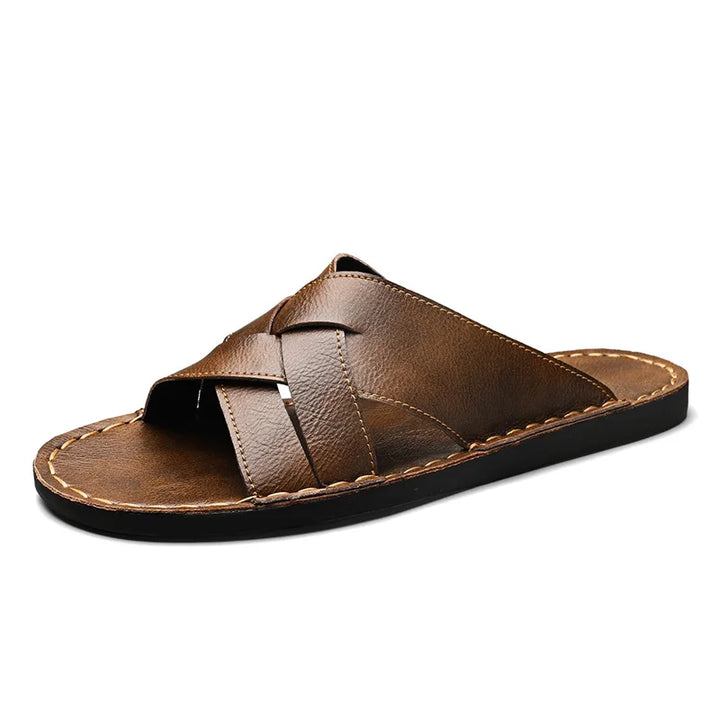 Kairo Genuine Leather Crossover Sandals in brown, featuring wide straps and a contoured footbed for all-day comfort.