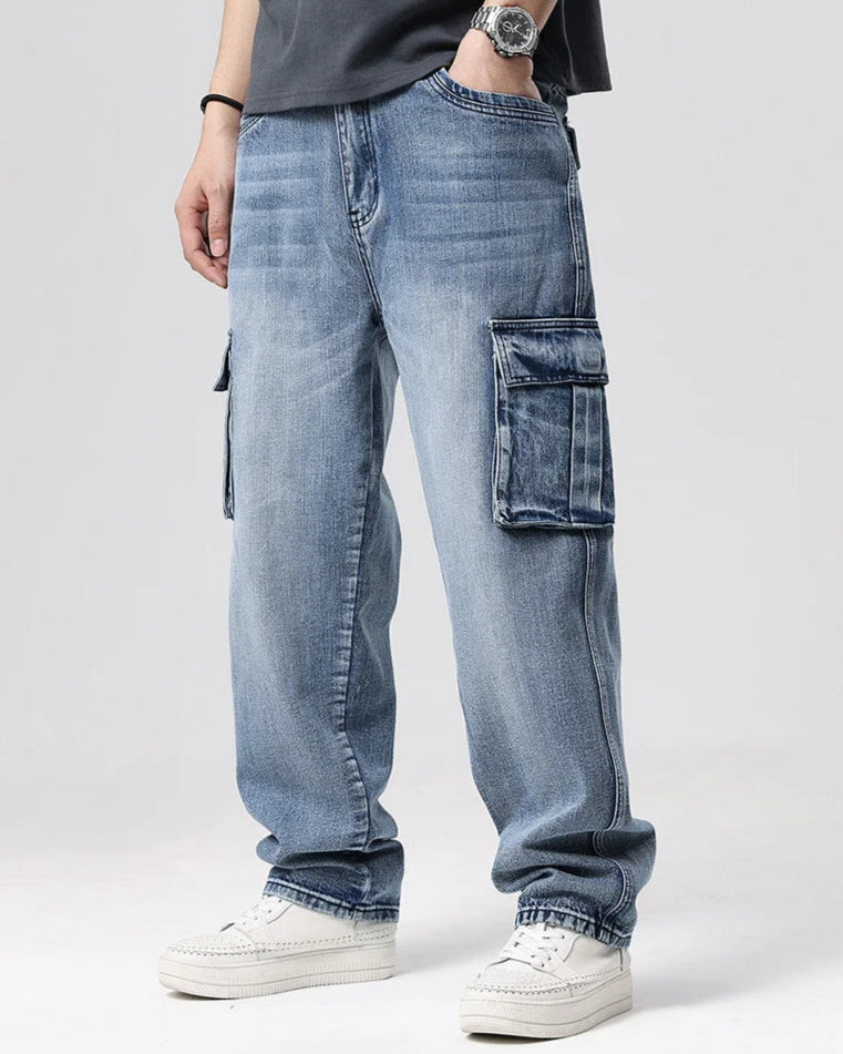 Ryder Washed Cargo Jeans featuring heavyweight cotton, relaxed wide-leg fit, and oversized pockets for a stylish, comfortable look.