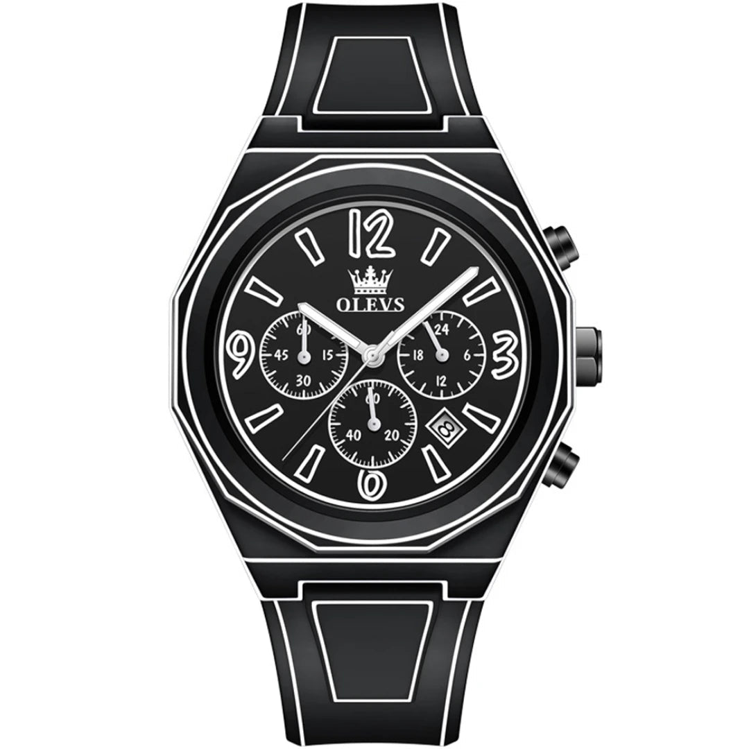 Stylish black chronograph watch with bold white numerals and multi-function features for a modern look.