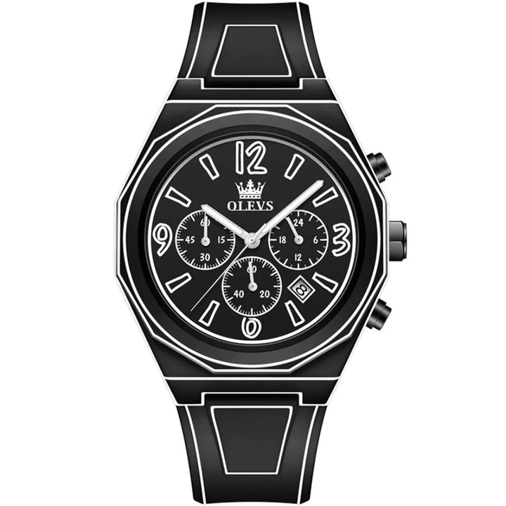 Stylish black chronograph watch with bold white numerals and multi-function features for a modern look.
