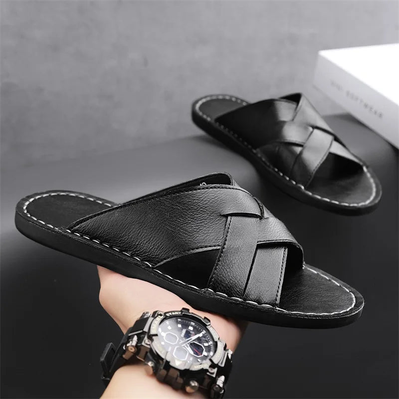 Kairo Genuine Leather Crossover Sandals featuring wide straps and contoured footbed for all-day comfort.