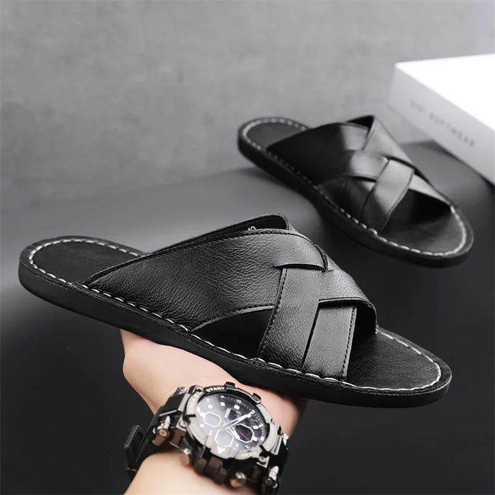 Kairo Genuine Leather Crossover Sandals featuring wide straps and contoured footbed for all-day comfort.