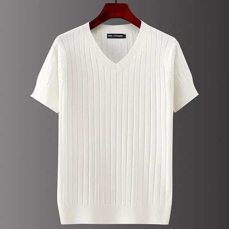 Evren Men's Ribbed V-Neck Tee in white, showcasing sculpted ribbed texture and tailored short sleeves.