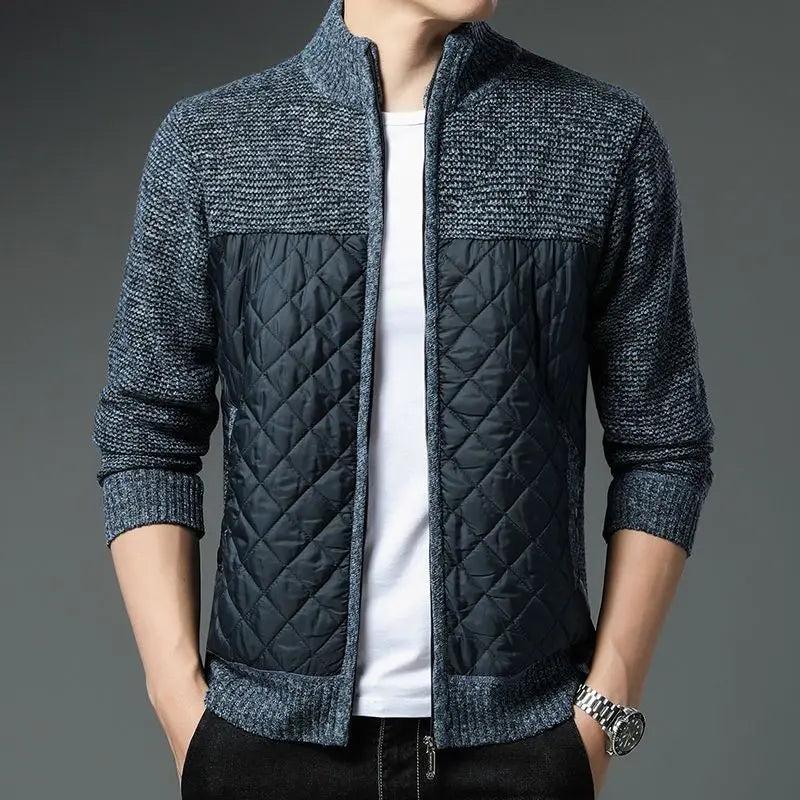 Men's Monarch Quilted Zip-Up cardigan with quilted front and knit sleeves, stylish and comfortable wardrobe essential.