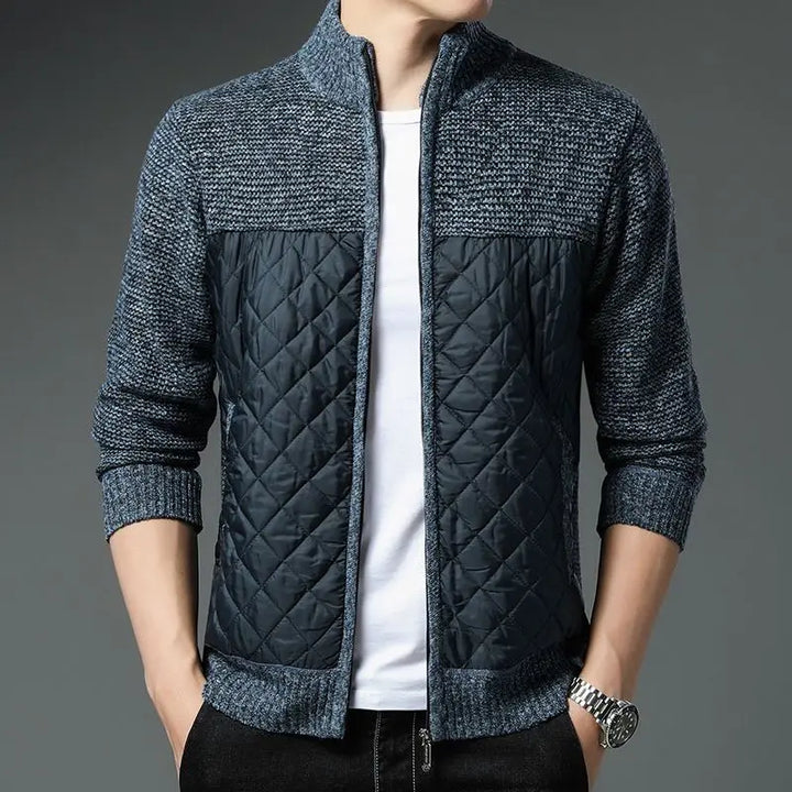 Men's Monarch Quilted Zip-Up cardigan with quilted front and knit sleeves, stylish and comfortable wardrobe essential.
