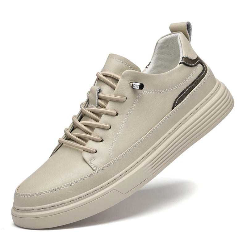 Genesis Leather Sneakers in beige, featuring genuine leather, cushioned interior, and durable rubber sole for comfort.