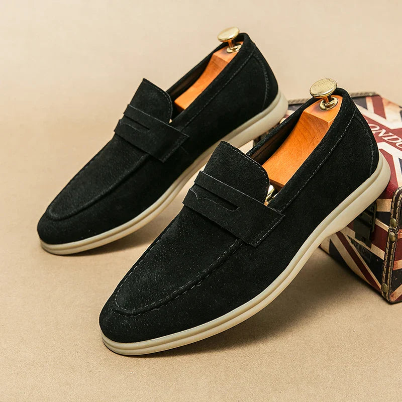 Levor Men's Suede Loafers in black with sculptural strap and lightweight sole, offering stylish comfort and elegance.