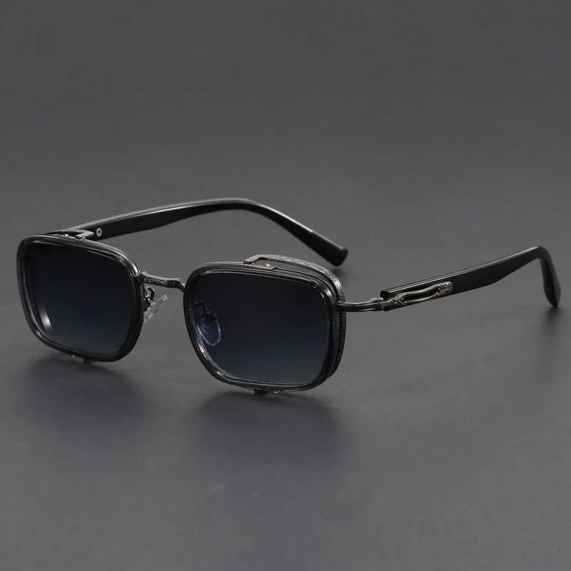 Elias Rectangle Frame Sunglasses with sleek metal frames and square lenses, offering UV400 protection and adjustable comfort features.