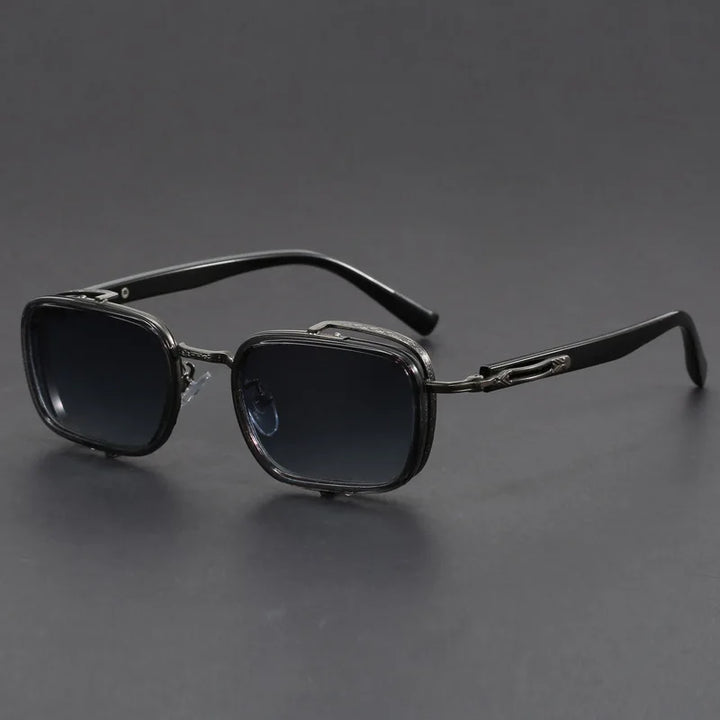 Elias Rectangle Frame Sunglasses with sleek metal frames and square lenses, offering UV400 protection and adjustable comfort features.