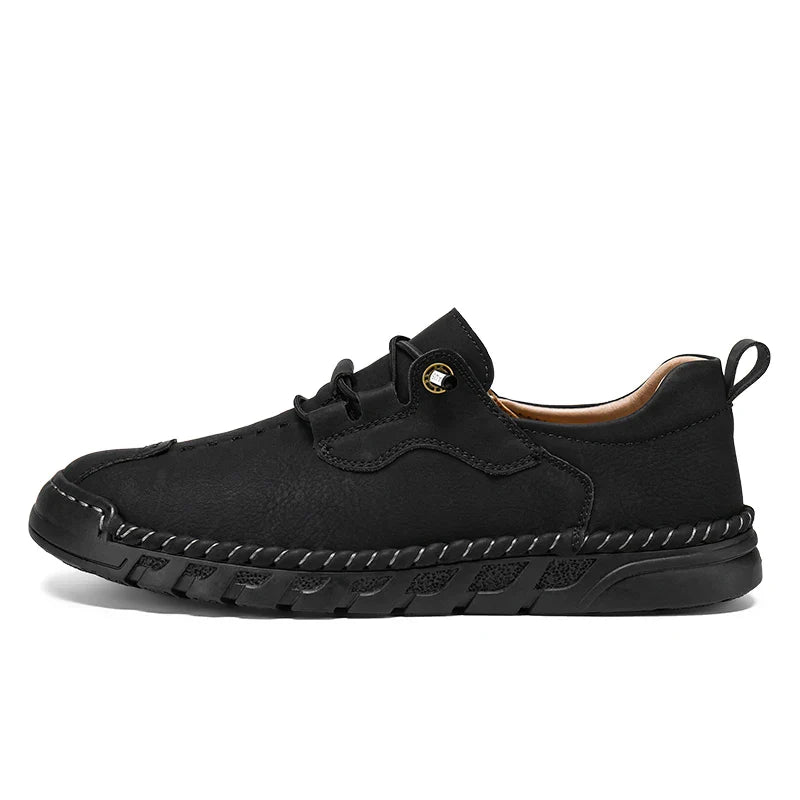 Vantage Genuine Leather Shoes in black, featuring durable upper, flexible rubber sole, and hand-stitched detailing.