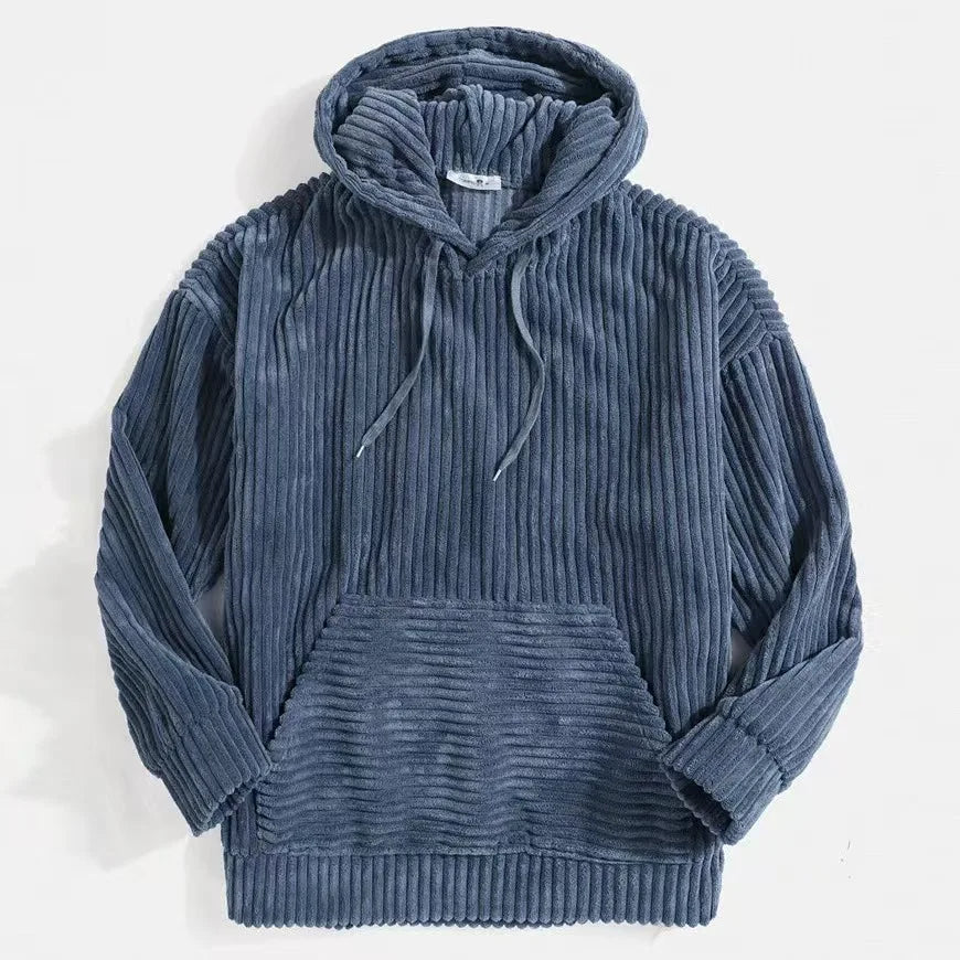 Summit Corduroy Hoodie in rich ribbed texture, featuring a cozy hood and spacious front pocket for ultimate comfort.
