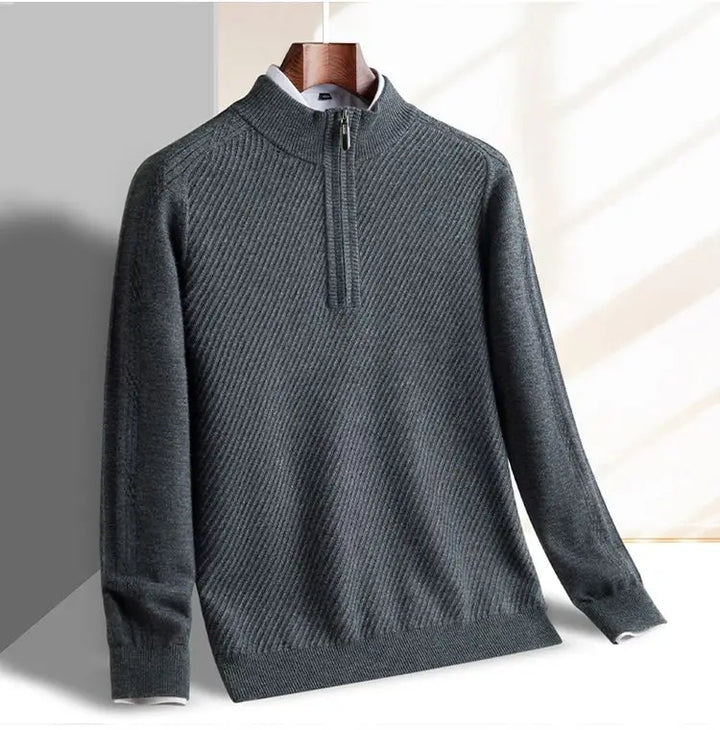 Windsor Quarter-Zip grey knitted sweater with textured diagonal pattern and tailored slim-fit design.