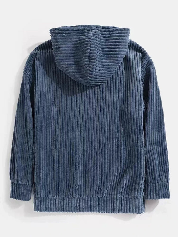 Back view of a Summit Corduroy Hoodie, featuring rich ribbed texture and cozy hood design.