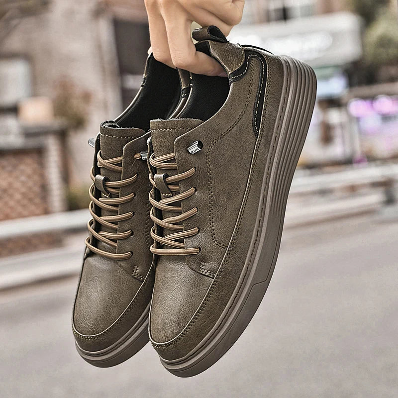 Genesis Leather Sneakers in olive green with cushioned interior and durable rubber sole, perfect for versatile styling.