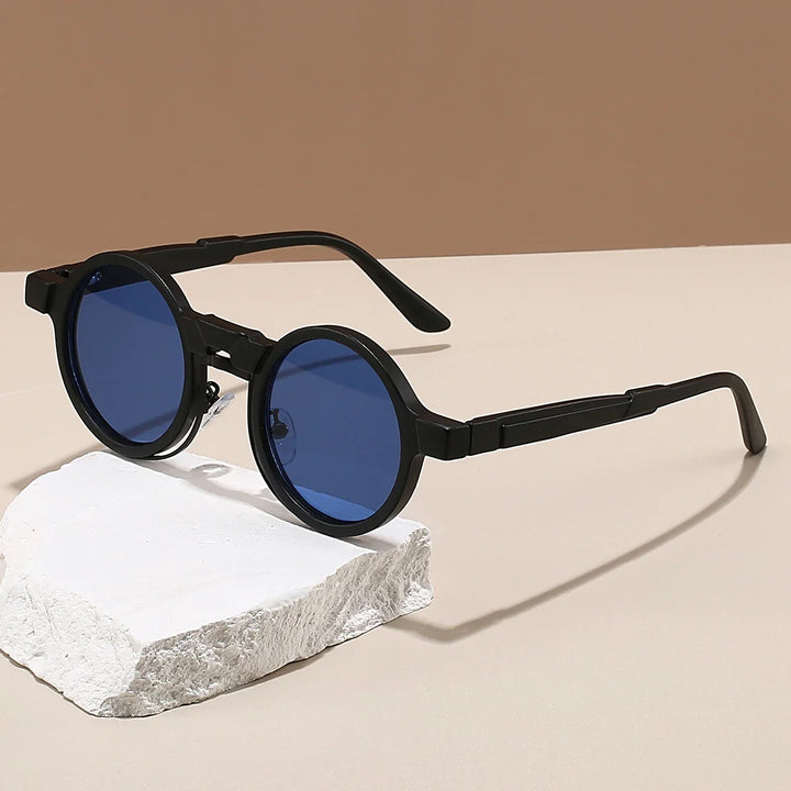 Astor Vintage Shades round sunglasses with blue lenses and sturdy black frames on display.
