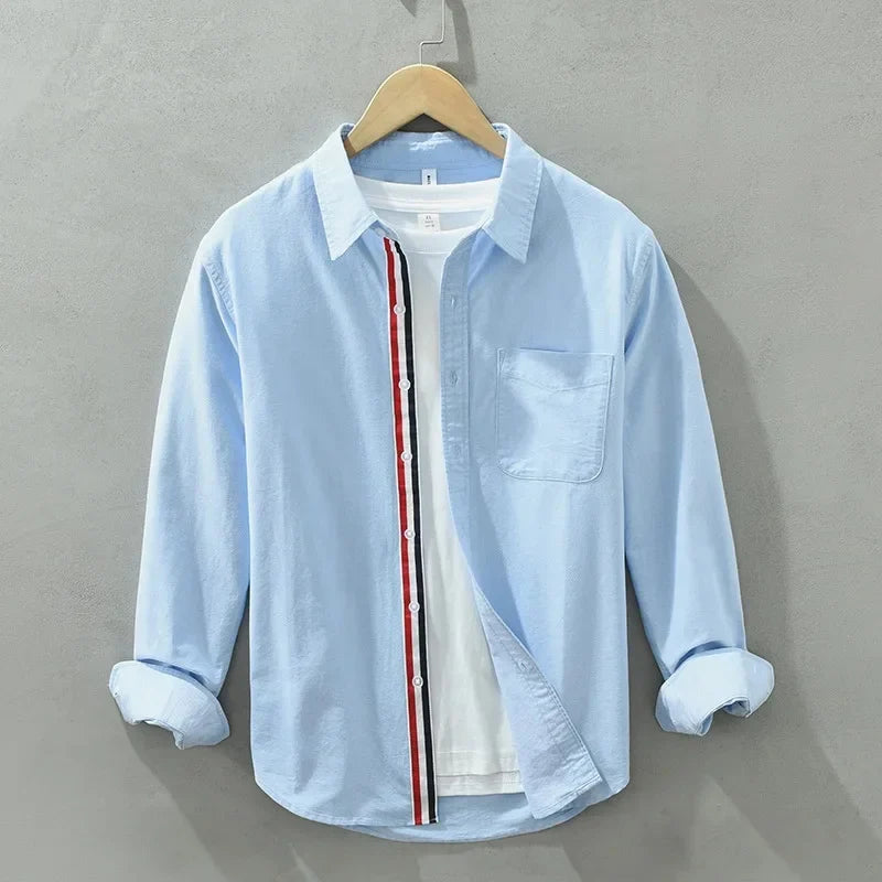 Rowan 100% Cotton Shirt in light blue with bold stripe accents and tailored design for breathable comfort.