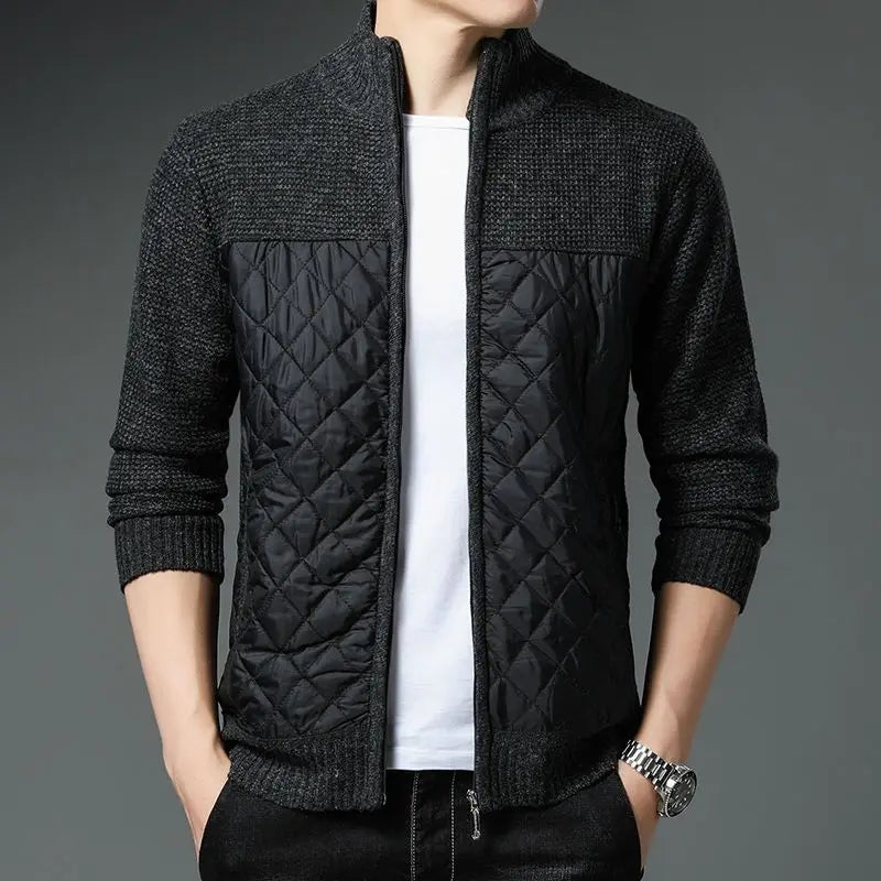 Men's Monarch Quilted Zip-Up cardigan with textured knit sleeves and a quilted front design, offering comfort and style.
