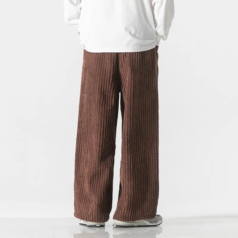 Back view of Barron Corduroy Pants featuring a wide-leg fit and deep ridges in rich brown color.