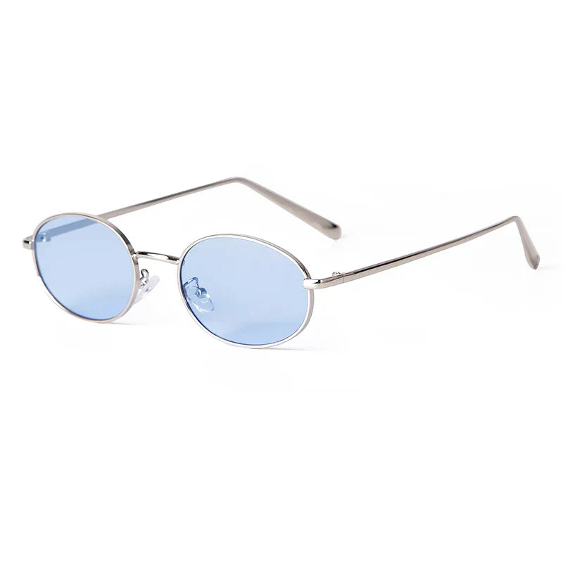 Orin Oval Frame Sunglasses with blue lenses and polished metallic frame, offering UV protection and ergonomic comfort.