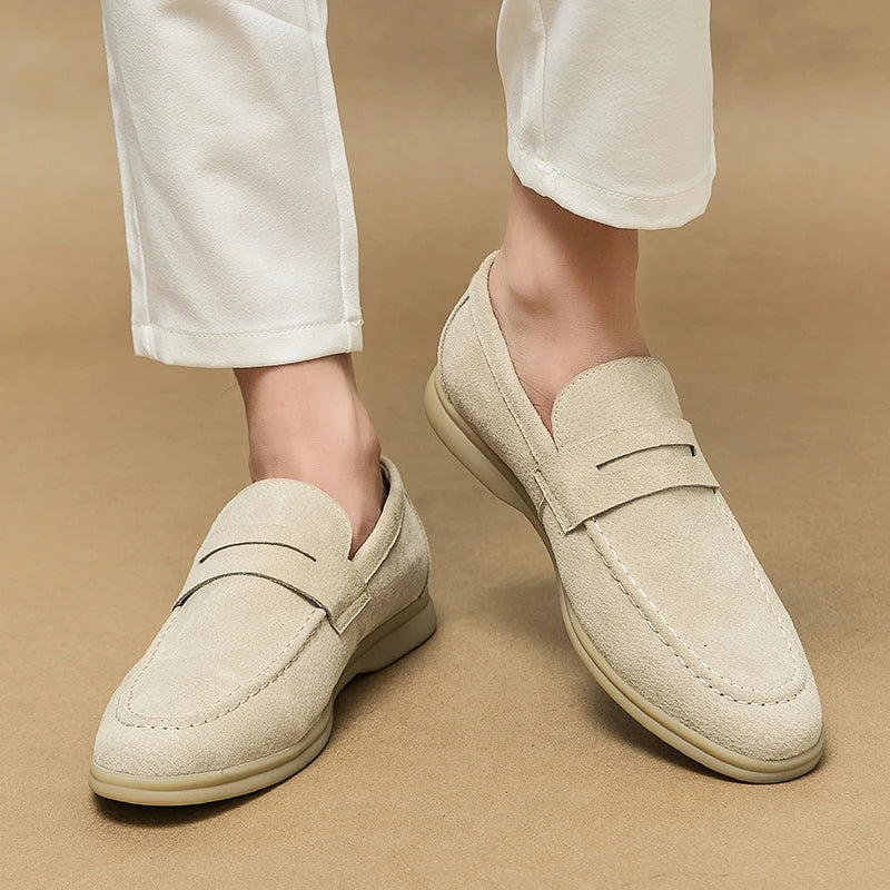 Levor Men's suede loafers in beige with sculptural strap, designed for comfort and style.