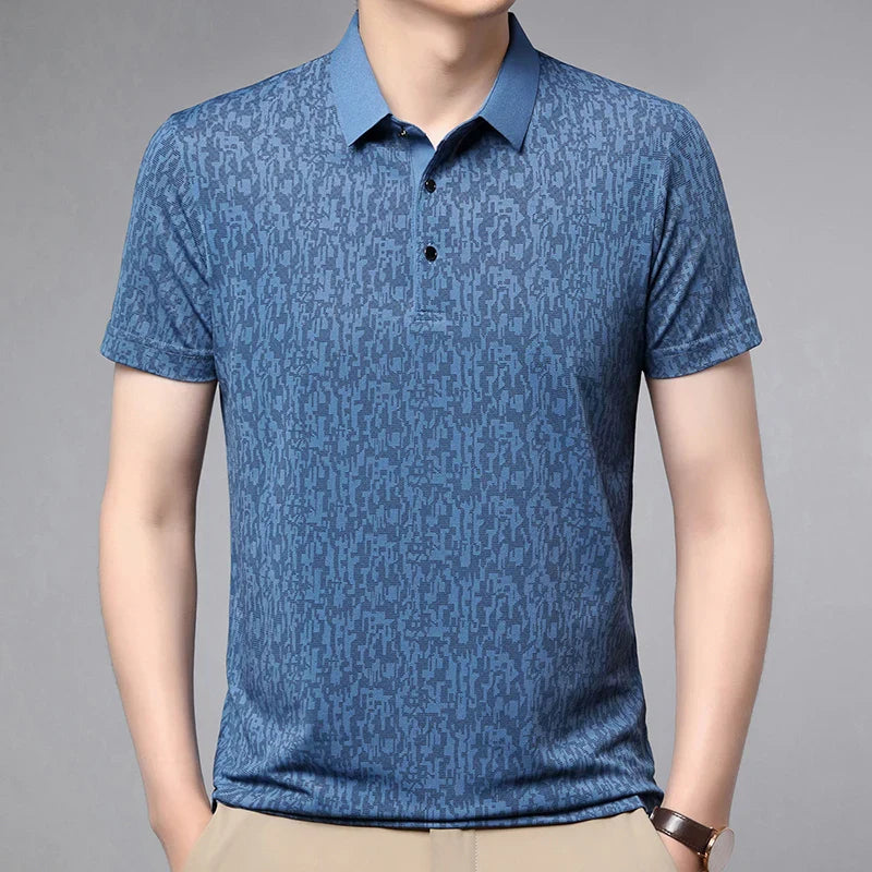 Auren Men's Jacquard Polo Shirt in blue, featuring a structured ribbed collar and soft jacquard knit for all-day comfort.