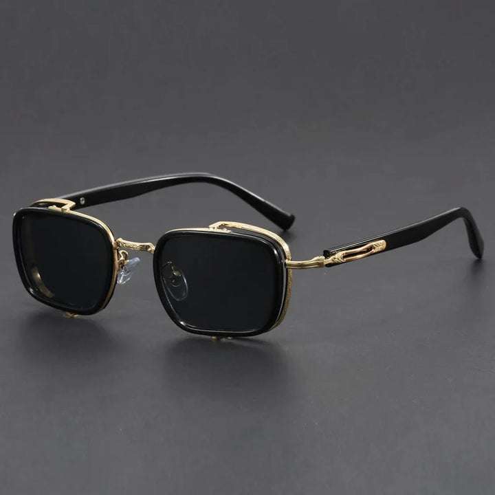 Elias Rectangle Frame Sunglasses featuring sleek black lenses and polished gold metal frames.