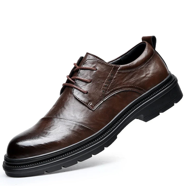 Soren Genuine Leather Shoes in brown, featuring full-grain leather, lace-up design, cushioned insole, and rugged rubber sole.
