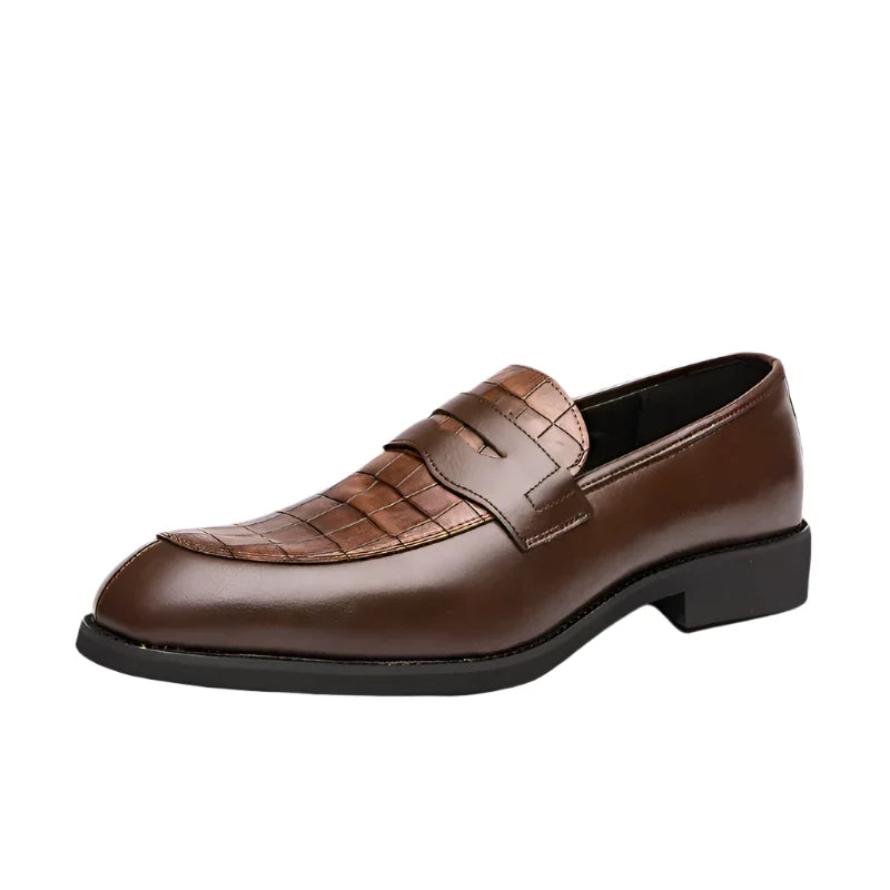 Lucera Men's Leather Crocodile Loafers in brown, featuring cushioned insole and rubber outsole for comfort.